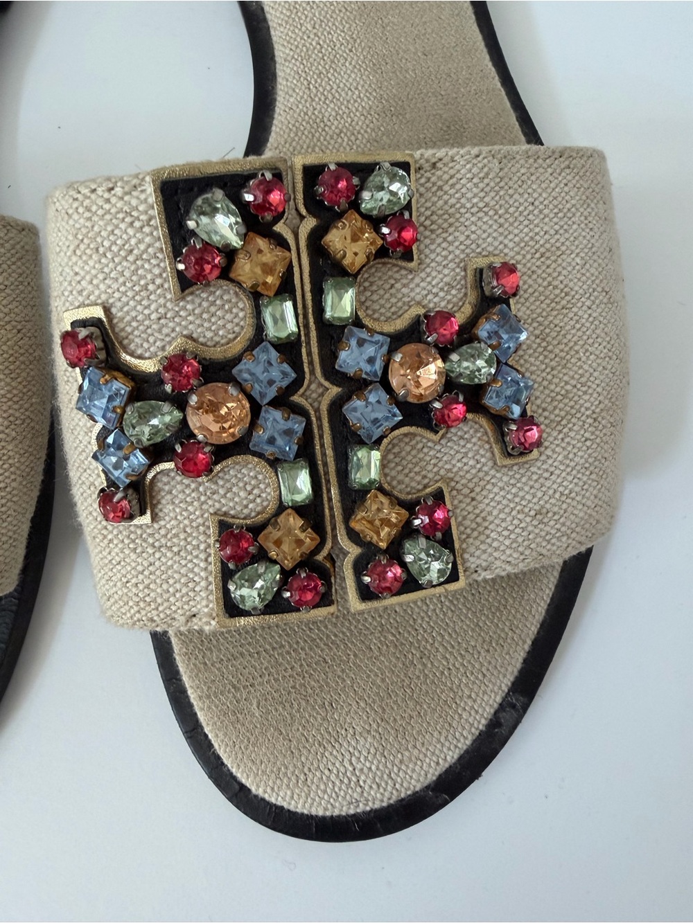 Tory Burch 10mm Ines Embellished Linen Slides in Neutral, Size 7 - Picture 3 of 9